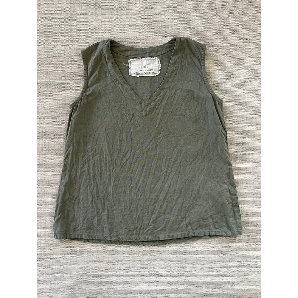 NotPerfectLinen Vienna S Forest Green V-Neck Linen Tank Top